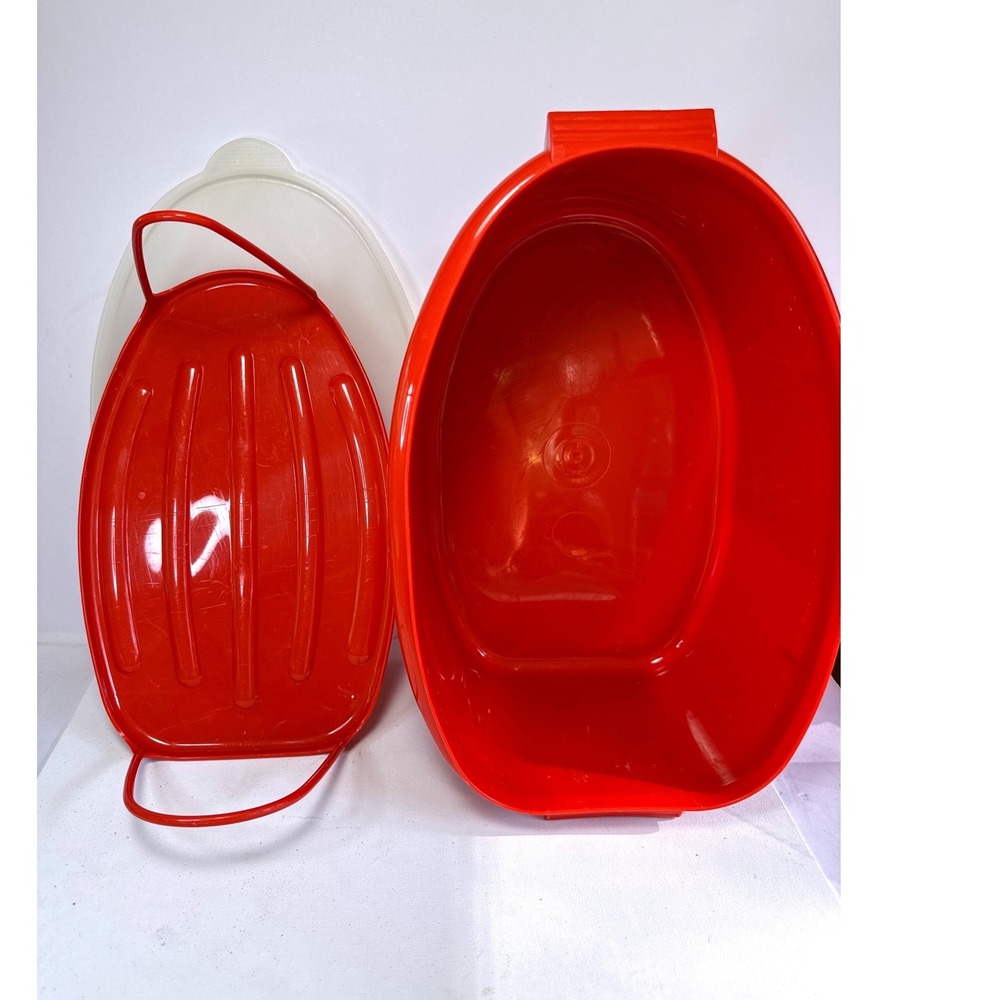 Vintage Tupperware Ultra 21 Roaster Red/Orange Oval Pan Rack Lid 3 PieceUSA Made